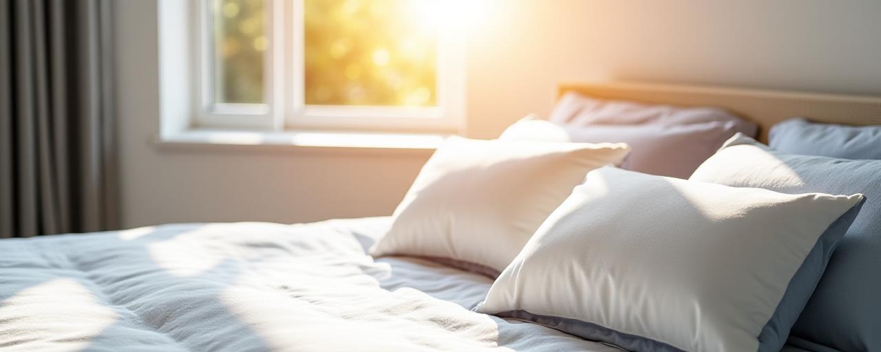 A peaceful bedroom with morning light hitting a plush pillow